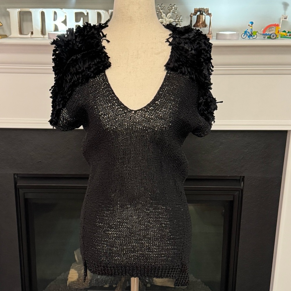 Zero + Maria Cornejo Black Fringe Knit Top | Handcrafted in Bolivia | Size M